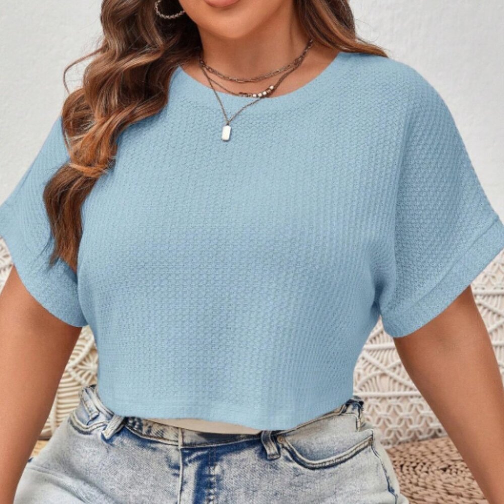 VCAY Plus Size Textured Batwing Sleeve Crop Top – Baby Blue 1X